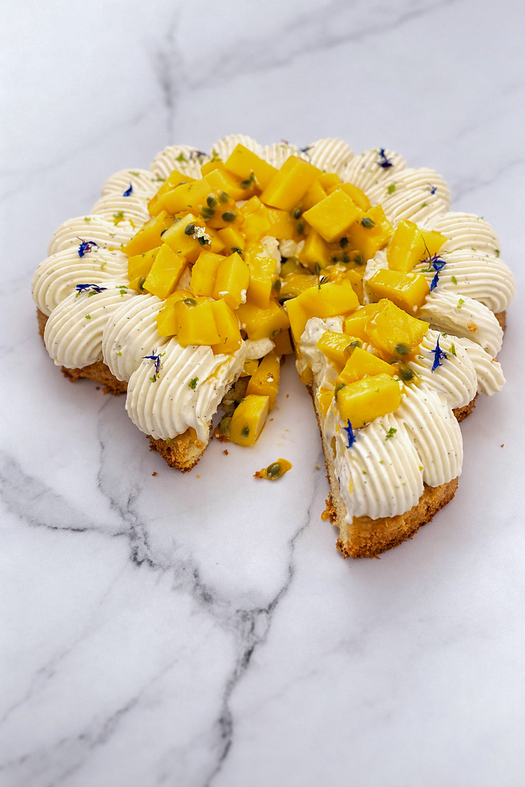 Part de tarte mangue passion vanille avec sablé croustillant et crème diplomate vanille